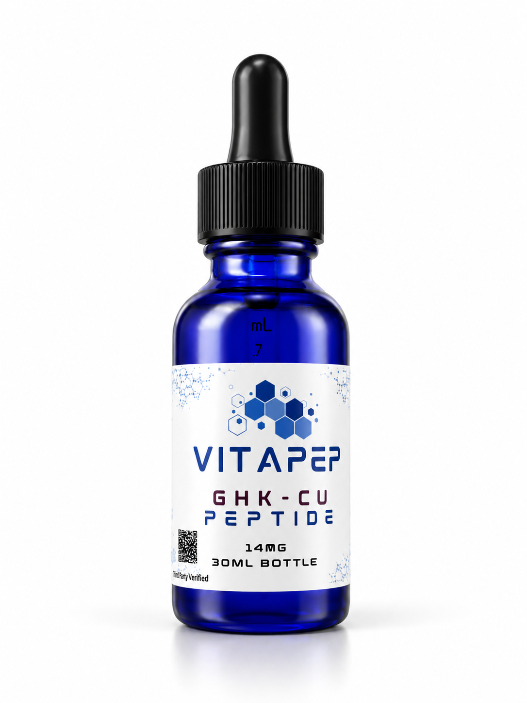 VitaPep GHK-Cu copper peptide serum, 14 mg in a 30 mL cobalt bottle with dropper