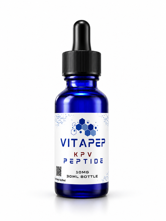 Full bottle of VitaPep KPV Topical Serum in a 30 mL cobalt-blue bottle
