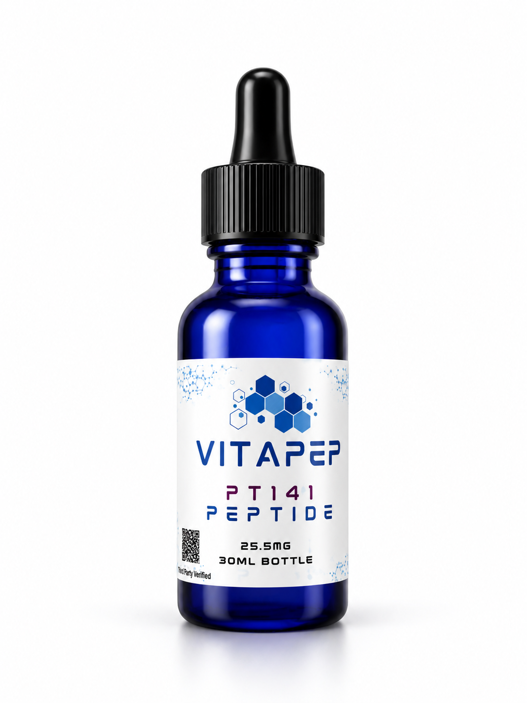Full bottle of VitaPep PT-141 Topical Serum, 25.5 mg in a 30 mL cobalt-blue bottle